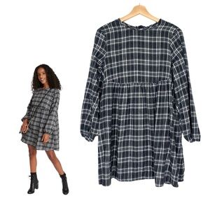 Wild Fable Gray Plaid Flannel Long Sleeve Woven Babydoll Dress Size XS